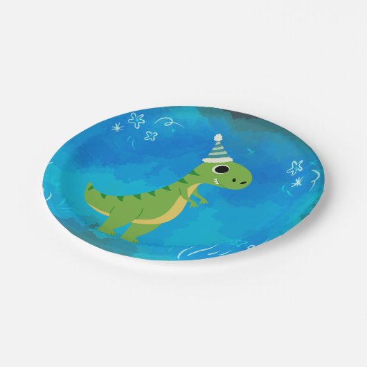Dinosaur Party Plate Blue Pappteller (Schrägansicht)