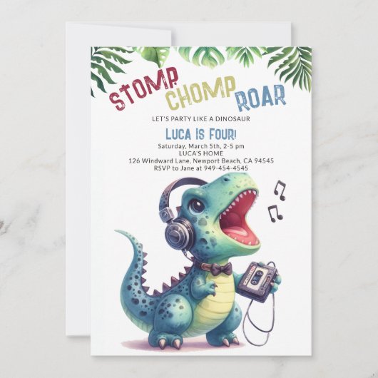 Dinosaur Party Song Stomp Chomp Roar Boy Birthday Einladung (Vorderseite)