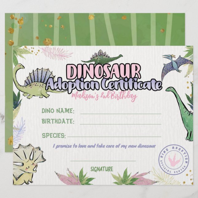 Dinosaur Party Theme, Dino Adoption Certificate (Vorne/Hinten)