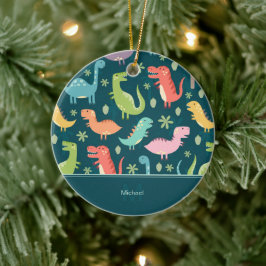 Dinosaur Pattern Blue Kid Monogram Keramik Ornament