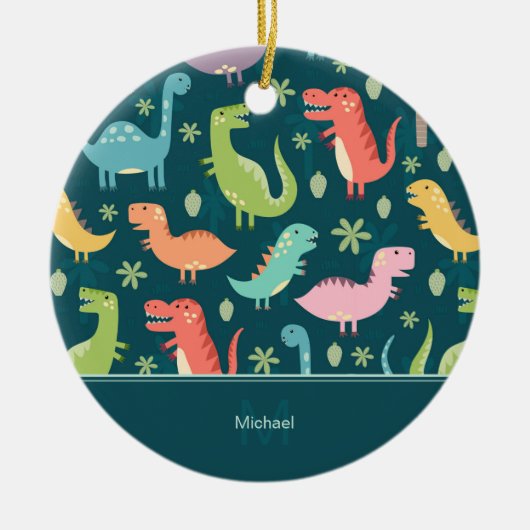 Dinosaur Pattern Blue Kid Monogram Keramik Ornament (Vorne)
