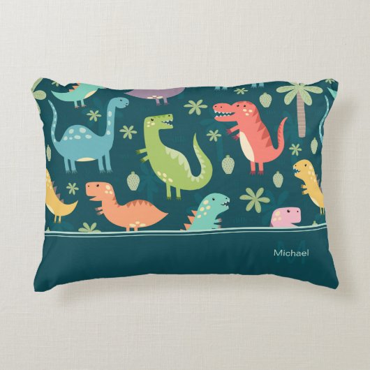 Dinosaur Pattern Blue Mit Monogramm Kid Boy Dekokissen (Vorderseite)
