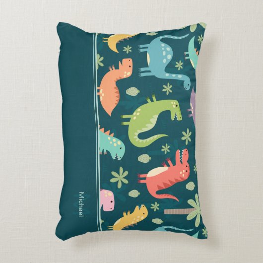 Dinosaur Pattern Blue Mit Monogramm Kid Boy Dekokissen (Vorderseite(Vertikal))