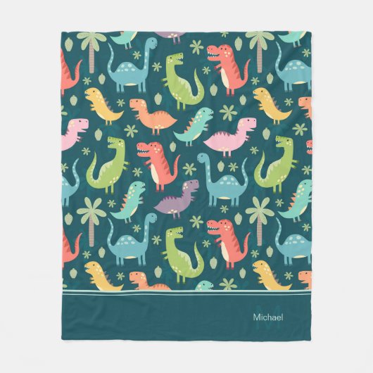 Dinosaur Pattern Blue Mit Monogramm Kid Boy Fleecedecke (Vorderseite)