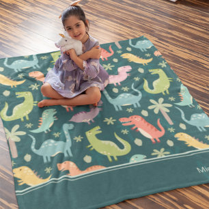 Dinosaur Pattern Blue Mit Monogramm Kid Boy Fleecedecke
