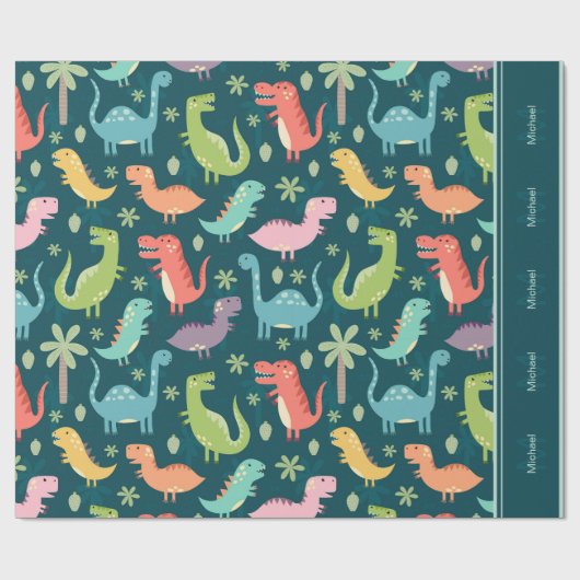 Dinosaur Pattern Blue Mit Monogramm Kid Boy Party Geschenkpapier (Flach)