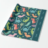 Dinosaur Pattern Blue Mit Monogramm Kid Boy Party Geschenkpapier (Ungerollt)
