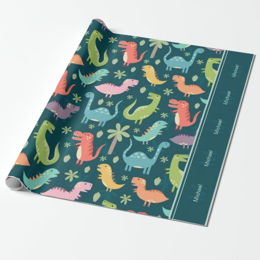 Dinosaur Pattern Blue Mit Monogramm Kid Boy Party Geschenkpapier (Ungerollt)