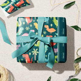 Dinosaur Pattern Blue Mit Monogramm Kid Boy Party Geschenkpapier