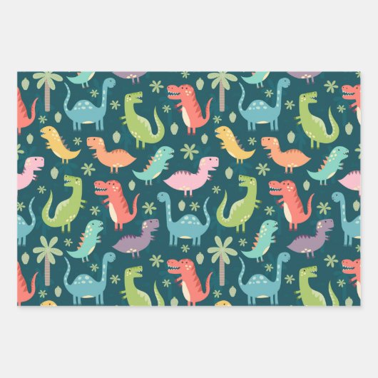 Dinosaur Pattern Blue Mit Monogramm Kid Boy Party Geschenkpapier Set (Vorderseite)