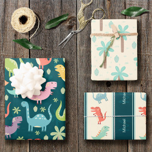Dinosaur Pattern Blue Mit Monogramm Kid Boy Party Geschenkpapier Set