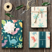 Dinosaur Pattern Blue Mit Monogramm Kid Boy Party Geschenkpapier Set