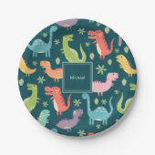 Dinosaur Pattern Blue Mit Monogramm Kid Boy Party Pappteller (Vorderseite)