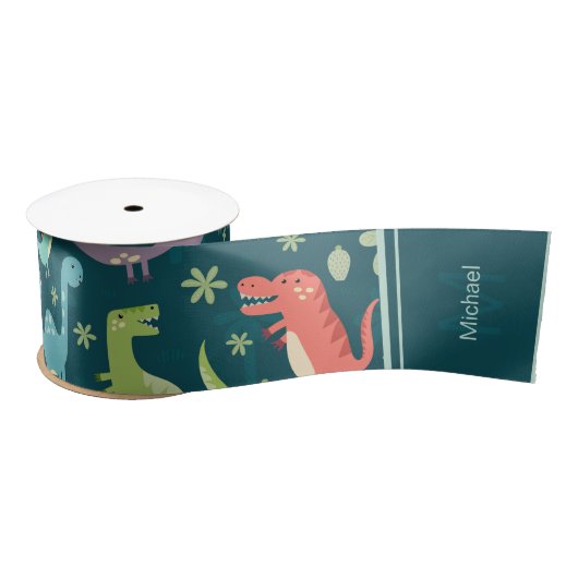 Dinosaur Pattern Blue Mit Monogramm Kid Boy Party Satinband (Spule)