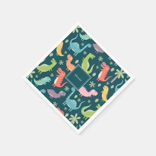 Dinosaur Pattern Blue Mit Monogramm Kid Boy Party Serviette (Ecke)