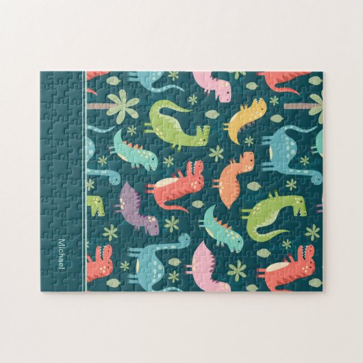 Dinosaur Pattern Blue Mit Monogramm Kid Boy Puzzle (Horizontal)