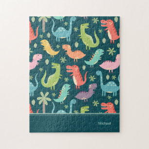 Dinosaur Pattern Blue Mit Monogramm Kid Boy Puzzle