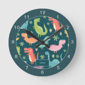 Dinosaur Pattern Blue Mit Monogramm Kid Boy Runde Wanduhr (Vorderseite)