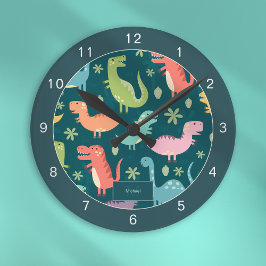 Dinosaur Pattern Blue Mit Monogramm Kid Boy Runde Wanduhr