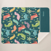 Dinosaur Pattern Blue Mit Monogramm Kid Boy Sherpadecke (Vorderseite (Horizontal))