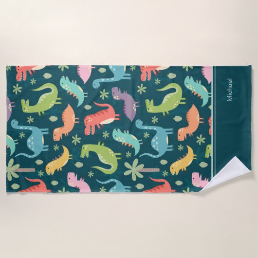Dinosaur Pattern Blue Mit Monogramm Kid Boy Strandtuch (Vorderseite)
