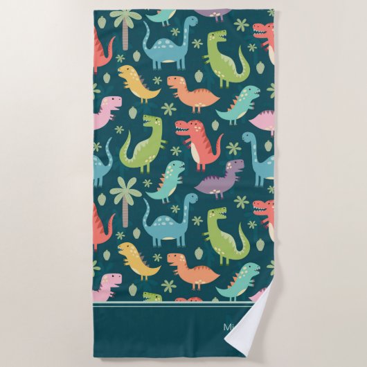 Dinosaur Pattern Blue Mit Monogramm Kid Boy Strandtuch (Vorderseite)