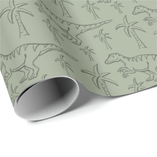 Dinosaur Pattern Modern Boy Dino Jungle Sage Green Geschenkpapier (Rolleneckpunkt)