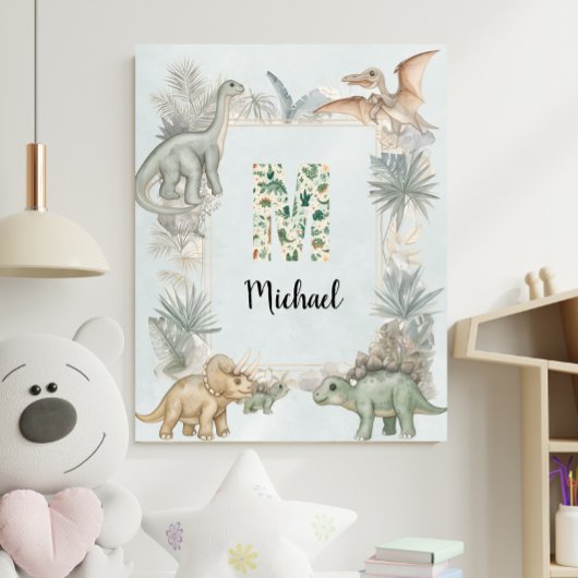 Dinosaur Personalized Name Monogram M Nursery Poster