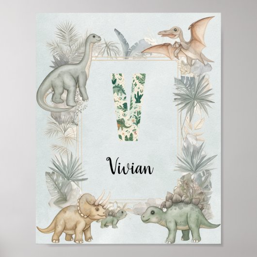 Dinosaur Personalized Name Monogram V Nursery Poster (Vorne)