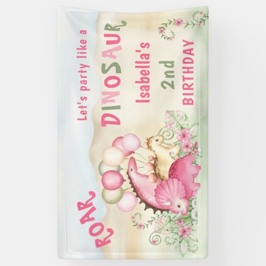 Dinosaur Pink Pastel Niedlich Floral Girl Geburtst Banner (Vertikal)
