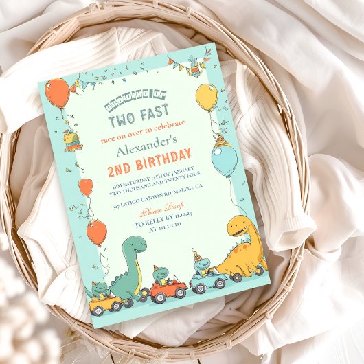 Dinosaur Race Auto 2. Geburtstag Einladung