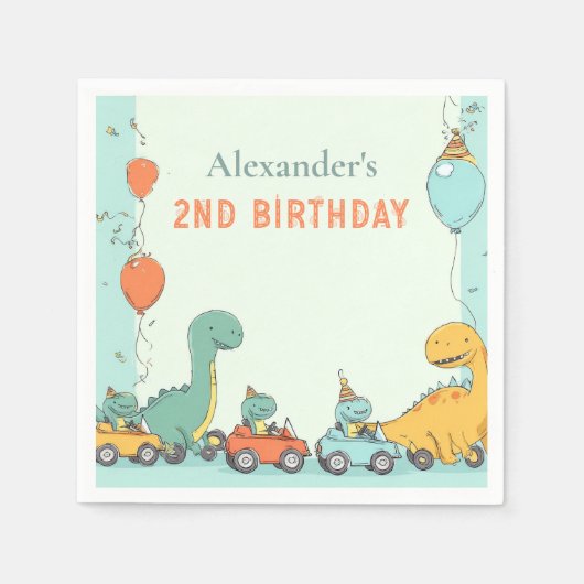 Dinosaur Race Auto 2. Geburtstag Serviette (Vorderseite)