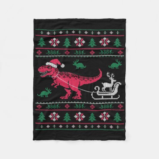 Dinosaur Reindeer Sleigh Ugly Christmas Fleecedecke (Vorderseite)