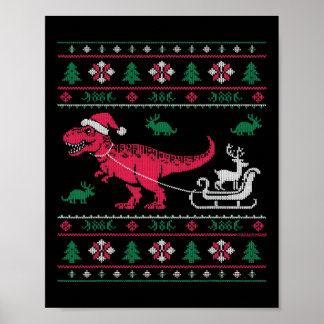 Dinosaur Reindeer Sleigh Ugly Christmas Poster