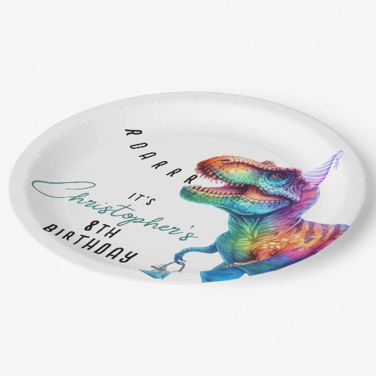 Dinosaur Rex Geburtstagspapierplatte Pappteller (Schrägansicht)