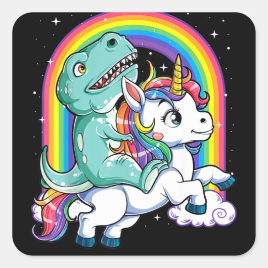Dinosaur Riding Unicorn Kids Rainbow Quadratischer Aufkleber (Vorderseite)