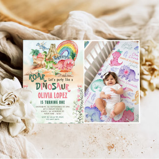 Dinosaur Roar 1. Geburtstag Party Girl Foto Einladung