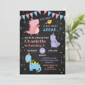Dinosaur Roar Birthday Chalkboard Girls Dino Party Einladung (Stehend Vorderseite)