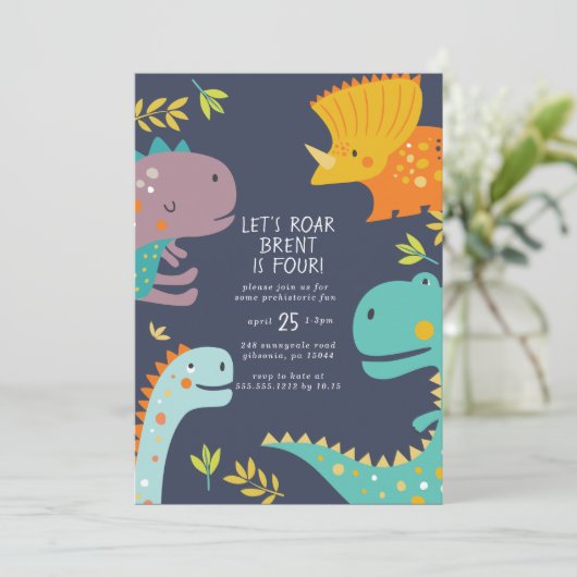 Dinosaur Roar Boys Birthday Orange Einladung (Stehend Vorderseite)