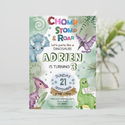 Dinosaur Roar Geburtstagsparty Einladung (Stehend Vorderseite)