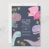 Dinosaur Roar Girls Geburtstag Lila Einladung (Vorderseite)