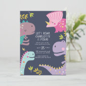 Dinosaur Roar Girls Geburtstag Lila Einladung (Stehend Vorderseite)
