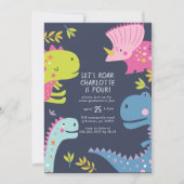 Dinosaur Roar Girls Geburtstag Rosa Einladung (Vorderseite)