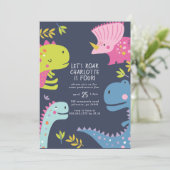 Dinosaur Roar Girls Geburtstag Rosa Einladung (Stehend Vorderseite)