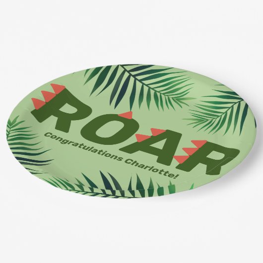 Dinosaur Roar Jungle Ferns Baby Shower Pappteller (Schrägansicht)