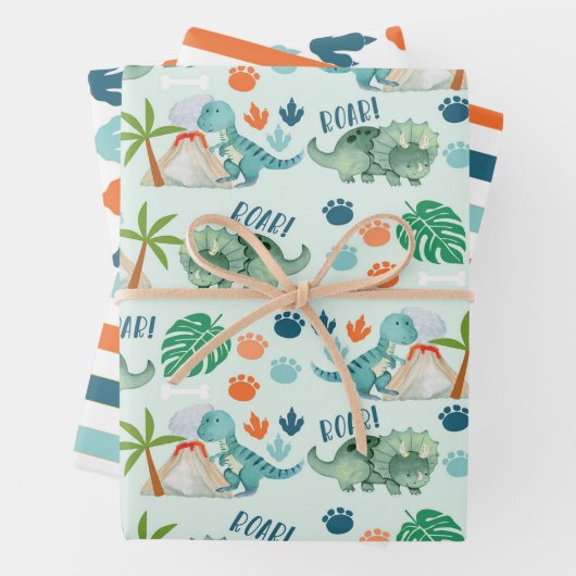 Dinosaur Roar T-Rex Triceratops Tracks Streifen Geschenkpapier Set (Beispiel)