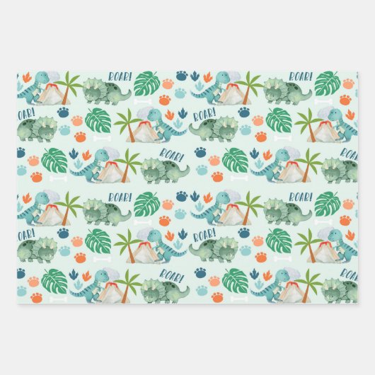 Dinosaur Roar T-Rex Triceratops Tracks Streifen Geschenkpapier Set (Vorderseite)