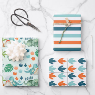 Dinosaur Roar T-Rex Triceratops Tracks Streifen Geschenkpapier Set