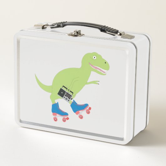 Dinosaur Roller Skaten Holding Radio Metall Brotdose (Vorderseite)