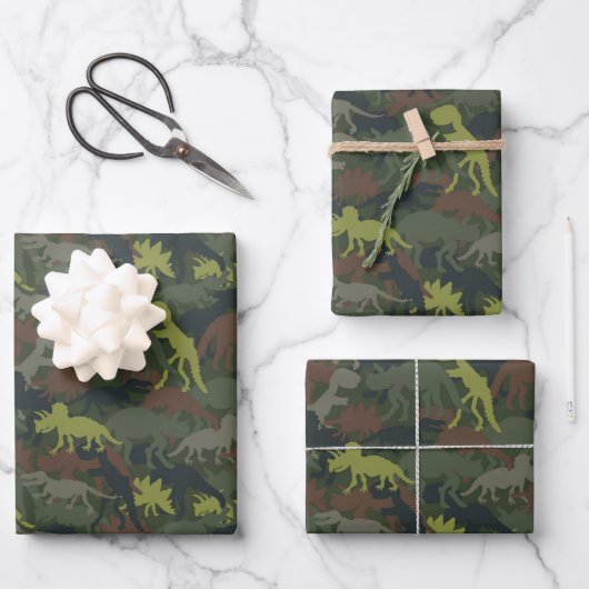 Dinosaur Silhouette Camouflaged Geburtstagsgeschen Geschenkpapier Set (Vorderseite)